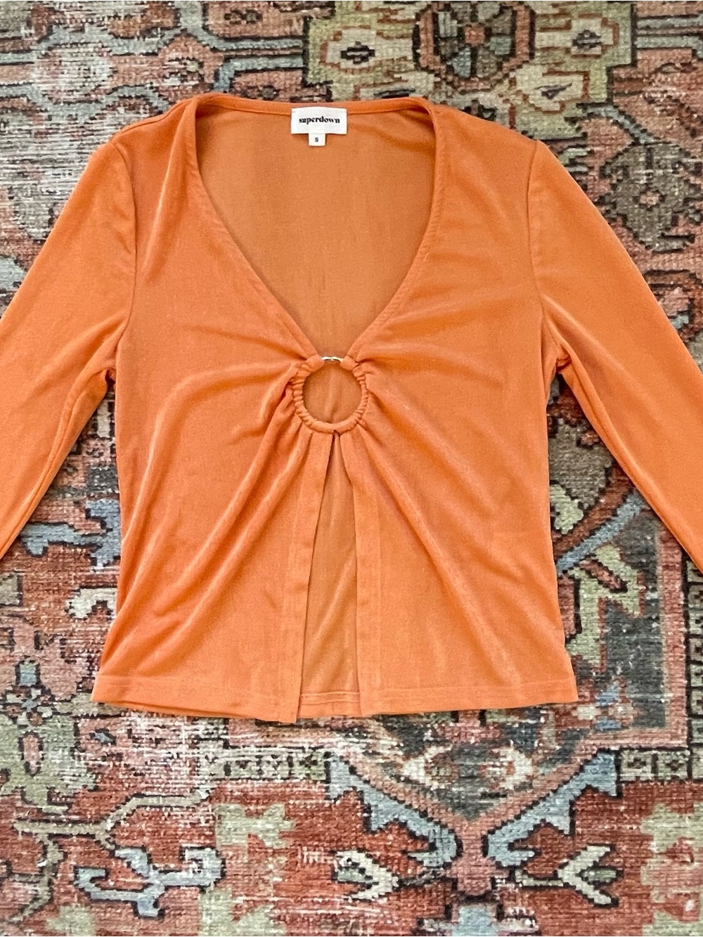 superdown Orange Ring-Front Long Sleeve V-Neck Top